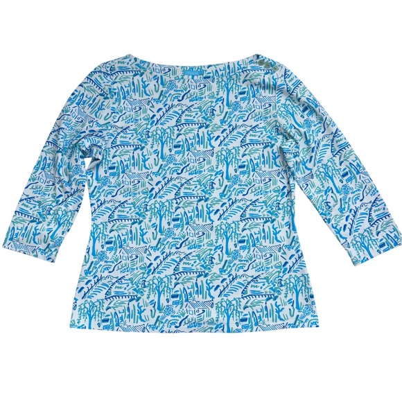 J.McLaughlin Boatneck Button 3/4 Sleeve Top Blues Village Print Large - Picture 1 of 6